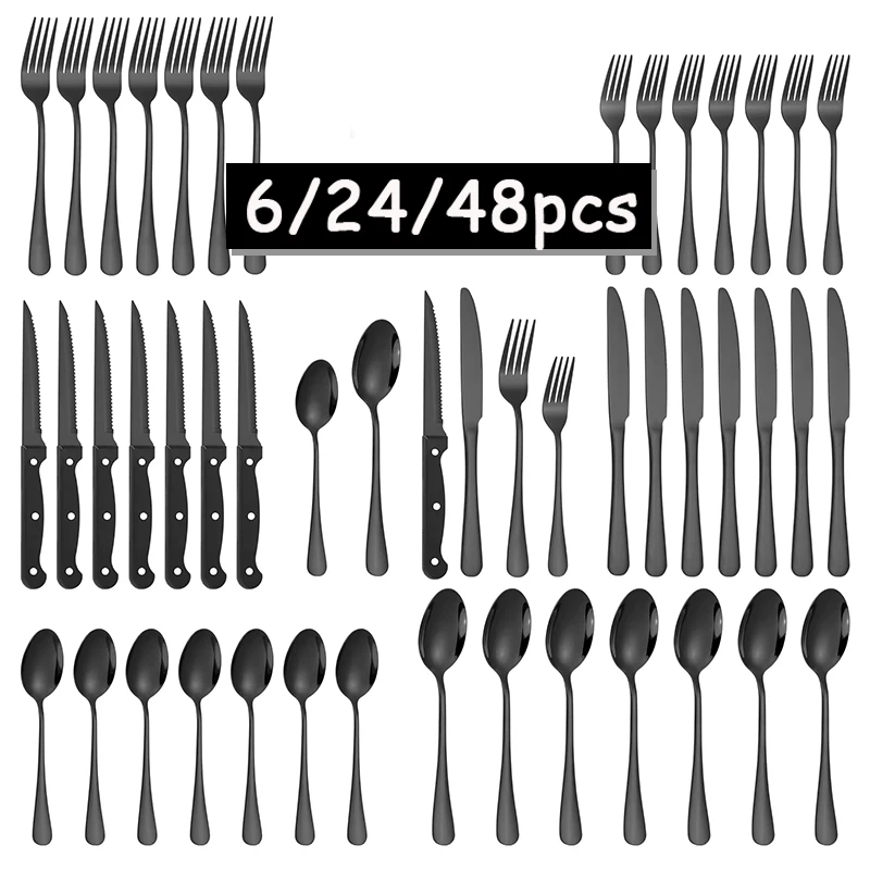 6/24/48 Sets of Tableware Come with Tableware and Cutlery. Steak Knife, Fork and Spoon Set, Stainless Steel Tableware.
