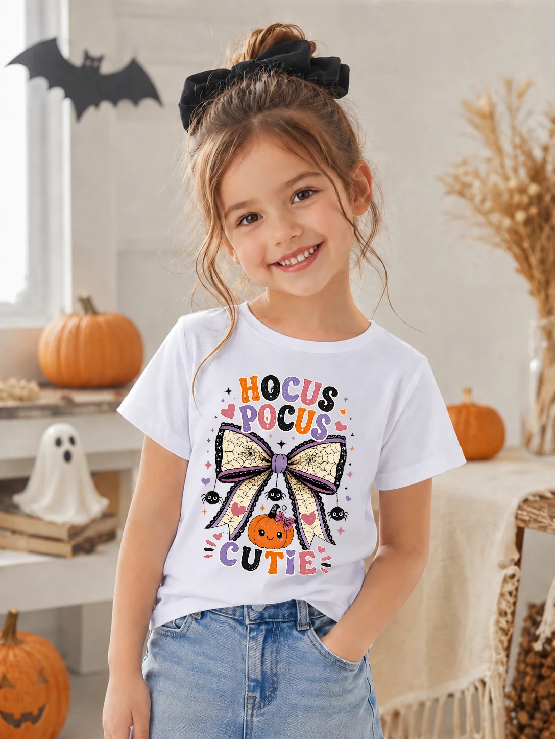 Girls Halloween T-shirt Hocus Pocus Cutie Cute Bow Pumpkin Spider Graphic Tees Toddler Kids Short Sleeve Cotton Tops Trick Or Tr