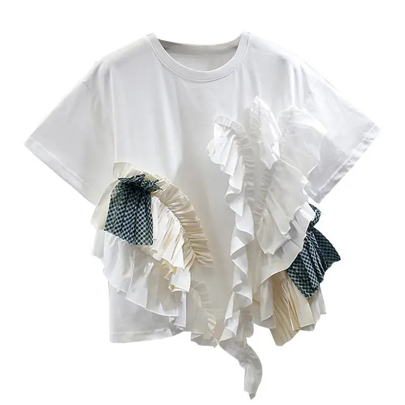 Neploe Ruffle O-Neck Trend T-Shirts Irregular Stacked Color Contrast Panel Short Sleeve Casual T-Shirt Fashion Versatile Top