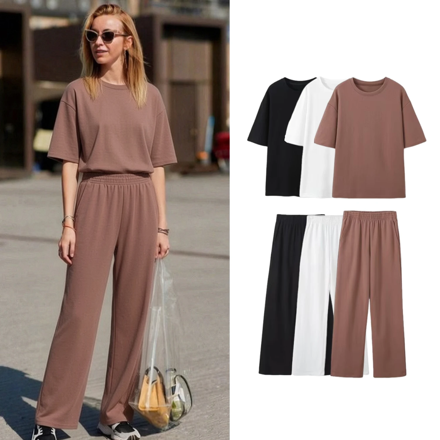 

Женские повседневные базовые однотонные брючные костюмы: футболки с круглым вырезом и коротким рукавом или женские брюки с эластичной талией и боковой молнией