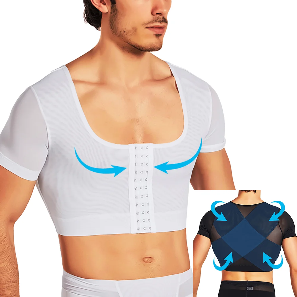 Men Chest Short Sleeves Body Shaper Compression Chest Bandage Tight-fitting Underwear Gym Slimming Support Tops Chest Shapewear