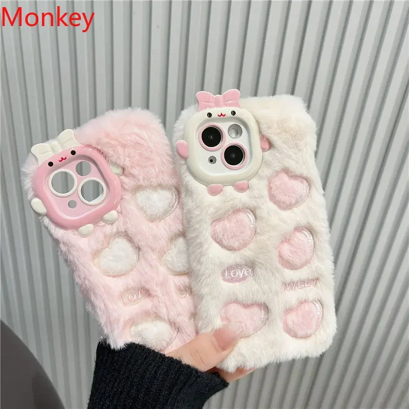 Korean Cute Love Heart Fluffy Fur Case For iPhone 16 Pro Max Case 15 14 Plus 13 12 11 Winter Warm Furry Soft Silicone Back Cover