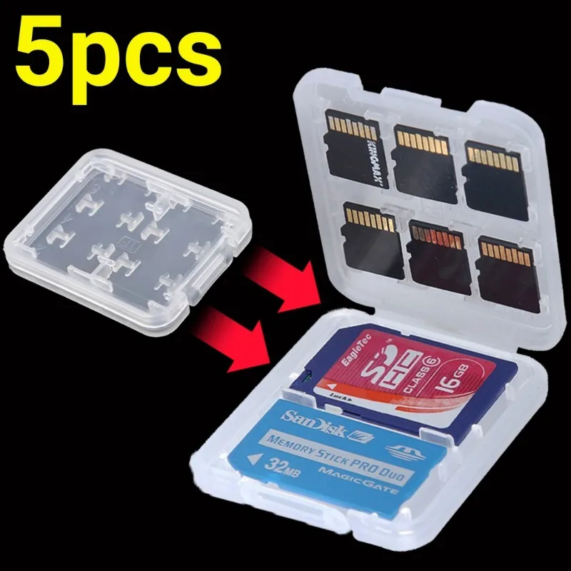 8 in 1 Transparent Hard Micro SD SDHC TF MS Memory Card Storage Box Protector Holder Hard Case Memory Card Storage Box 5Pcs