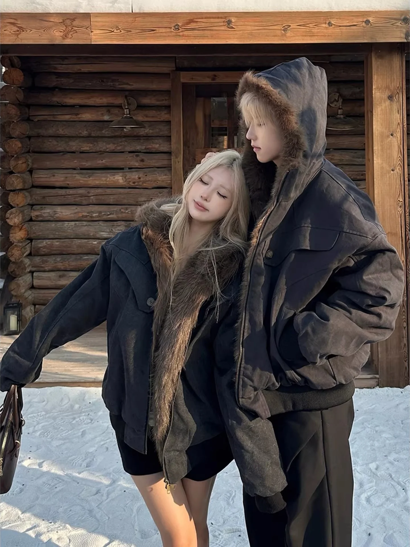 

Утепленная куртка из американского деконструированного хлопка с большим меховым воротником для мужчин и женщин, зимнее теплое пальто с капюшоном и подкладкой, для пар.