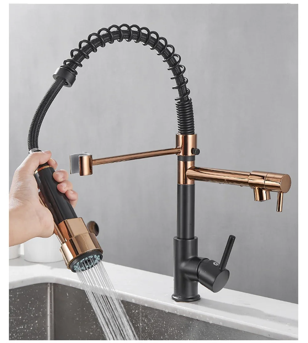 Original brand nice！Black Rose Gold Kitchen Faucet Nickel Brushed Spring Pull Down Faucets 2 Functions Stream Spray Hot And Cold