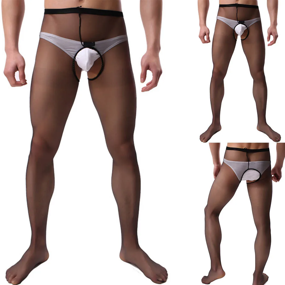 Pantimedias sexys caladas con entrepierna abierta para hombre, lencería erótica, medias transparentes de malla transparente, medias elásticas, ropa interior