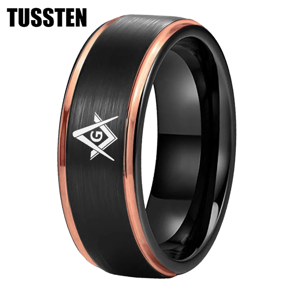 TUSSTEN 8MM Black Sand Faced Tungsten Steel Ring with Blue Steps Laser Engraved  Mason Masonic  Pattern Free Delivery