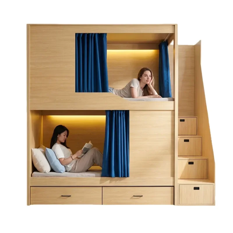 Space Capsule Bunk Bed for Hostel Apartment Dormitory High Low Loft Bed with Ladder Compact Sleeping Pod for Staff Homestay