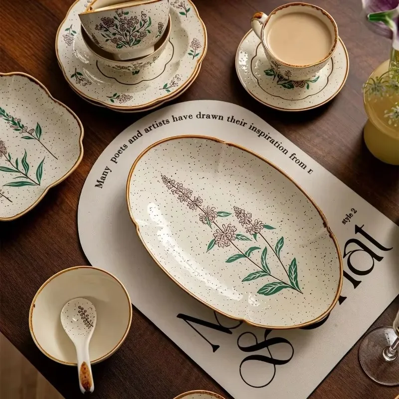 D20light Luxury Retro Household Bowls, Dishes, Chopsticks And Tableware Set, Underglaze Color Flower Ceramic Plates