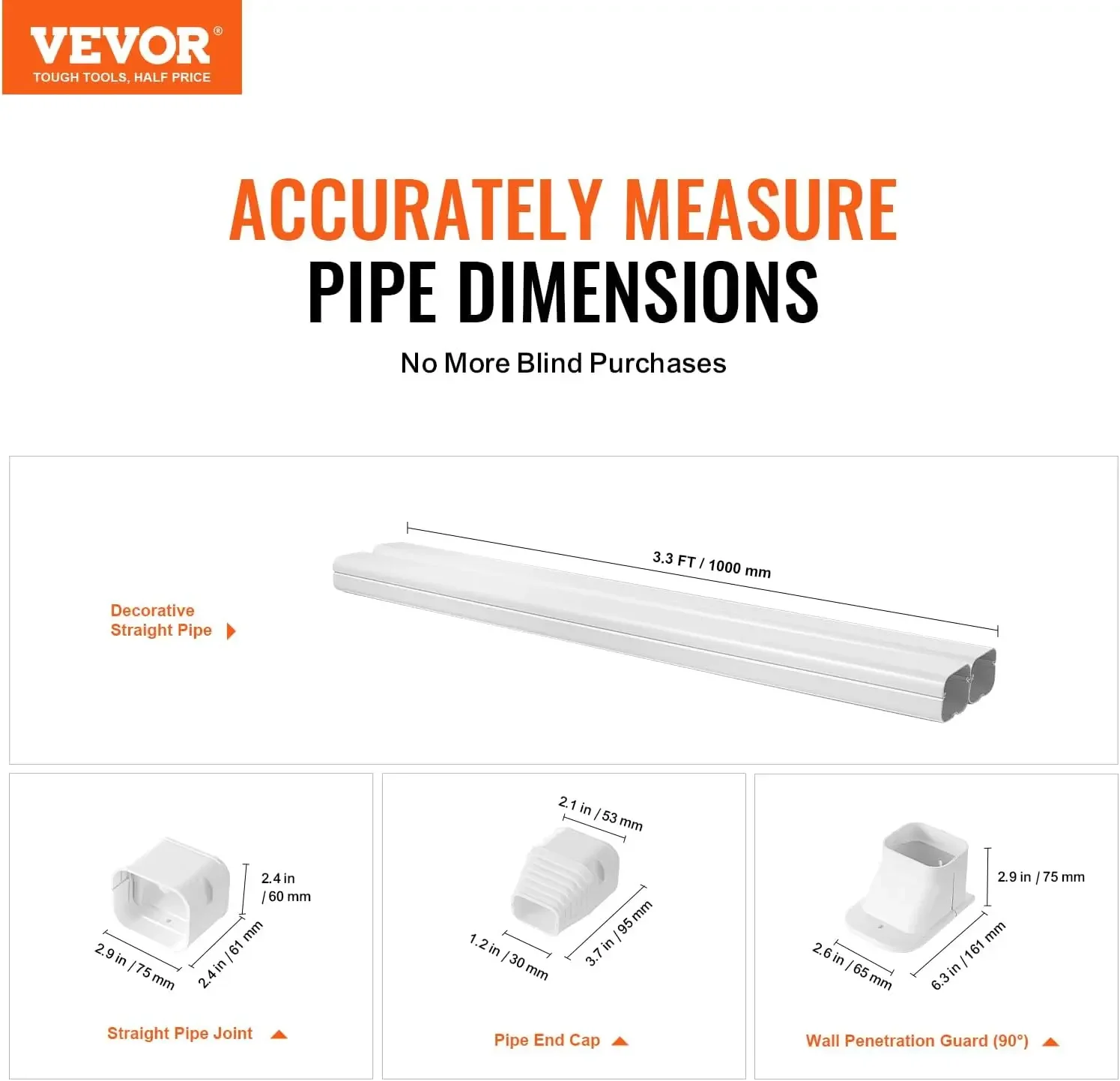 Mini Split Line Set Cover 3-inch W 7.4Ft L, PVC Decorative Pipe Line Cover for Air Conditioner with 2 Straight Ducts & Full Comp