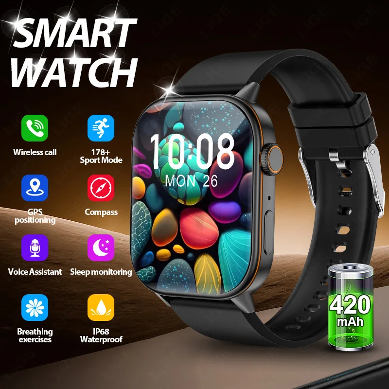 

2025 Мужские спортивные умные часы с GPS, 420 мАч, большая батарея, экран 2,01 дюйма, компас HD, Bluetooth, звонок, фитнес-часы, новые умные часы для мужчин