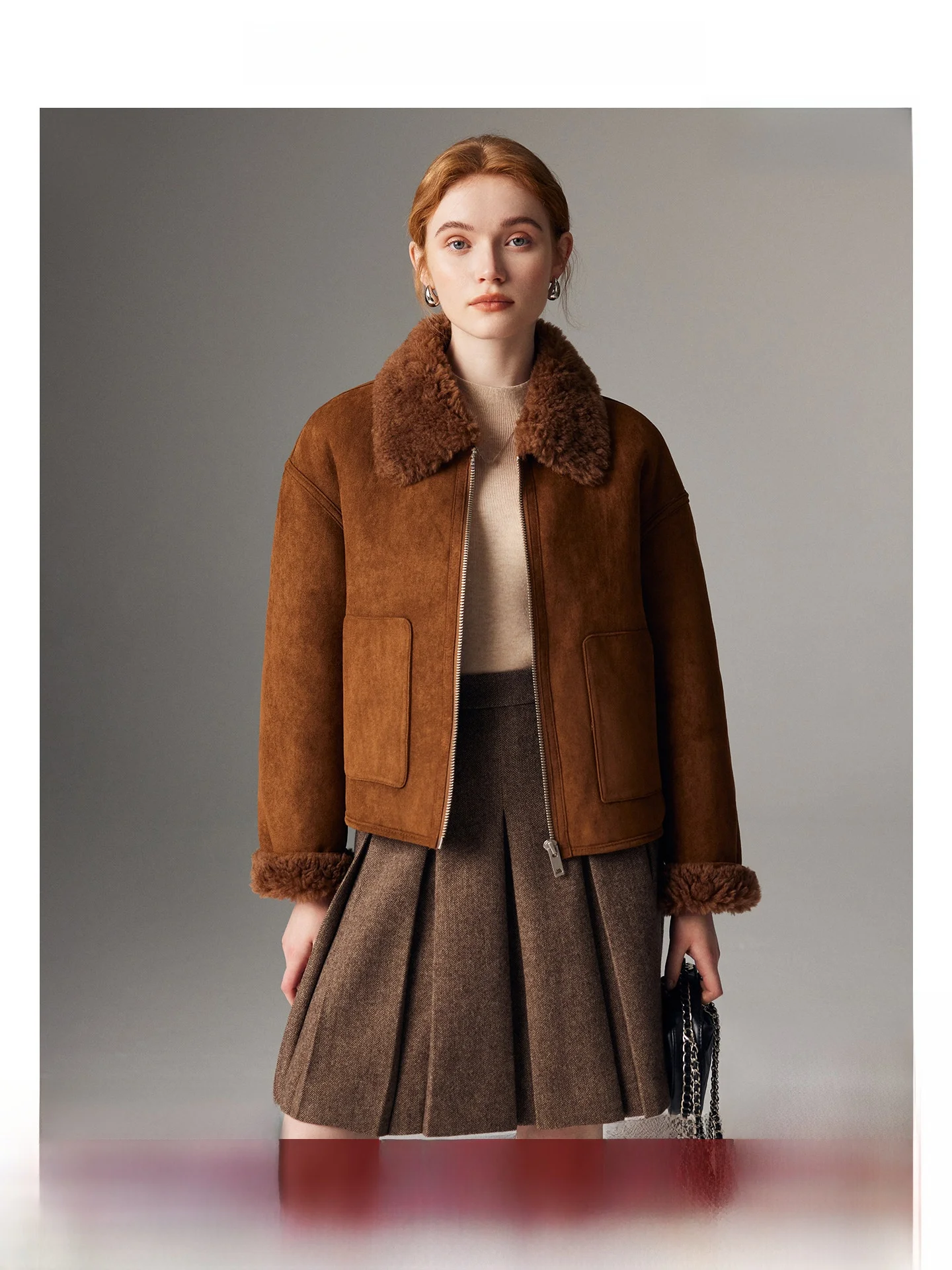 

Caramel Brown Suede eepskin ort Jaet Women's 00 Wool Outerwear Commute Sle Loose Fit Long Sve Zipper Closure