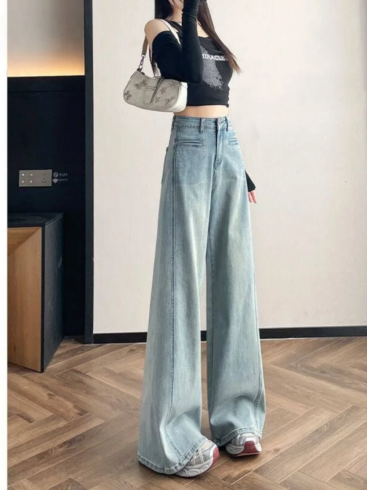 

High Waist Loose Wide Leg Blue Jeans Women's Spring Summer New Design A-Line Banana Pants Casual Business Wear Resistant