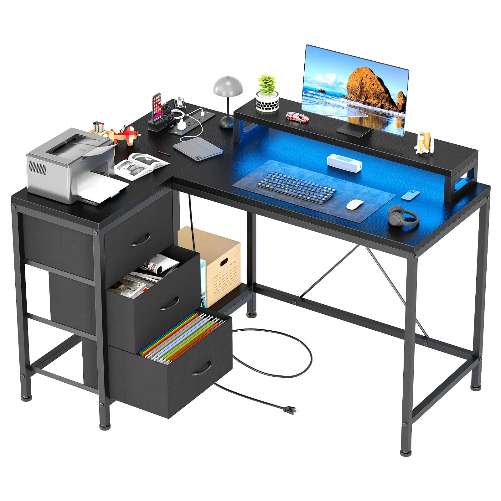 L Shaped Gaming Desk with LED Lights and Outlets