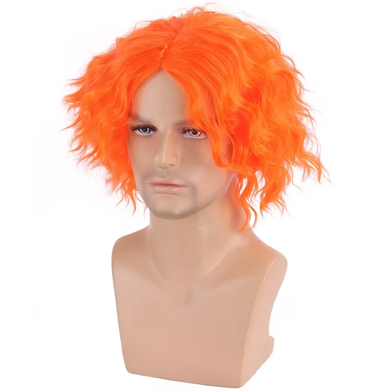 미친 모자사장 역할 가발 커버 필름 이상한 나라의 앨리스 남성 주인공 가발 할로윈 파티 코스프레 헤드웨어 오렌지 짧은 곱슬머리