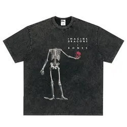 Imagine Dragons Bones Skull Vintage Washed T Shirt Rock Band Music T-shirt Men Women Clothing Cotton Loose Short Sleeve T-shirts