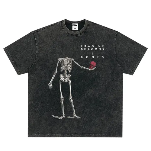 Imagine Dragons Bones Skull Vintage camiseta lavada banda de Rock música camiseta hombres mujeres ropa algodón suelta camisetas de manga corta