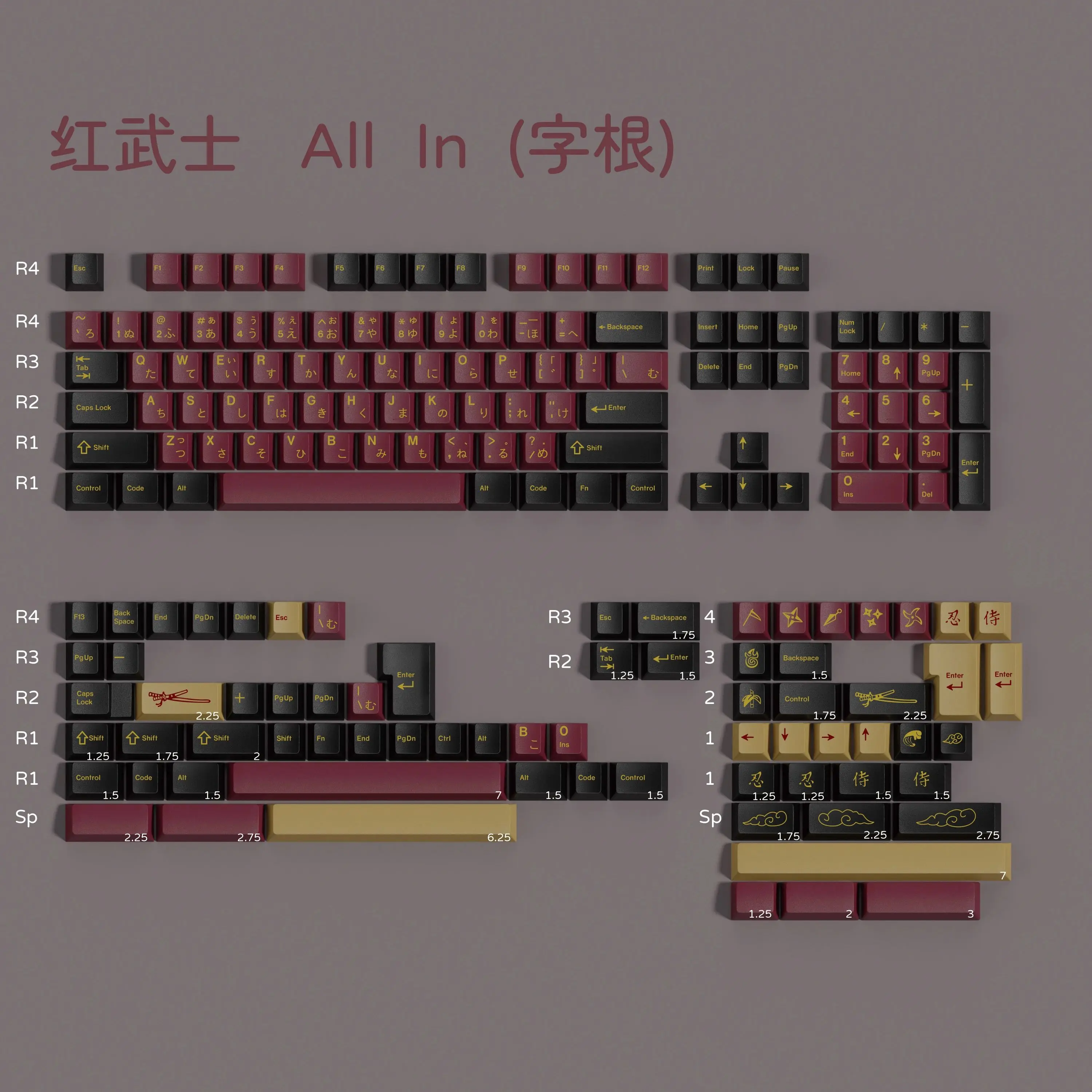 PBT Keycap GMK Red Samurai Keycaps Cherry Profile 5 Side Dye Sublimation Key Cap For MX Keyboard 61 67 8=68 75 84 87 96 980 104