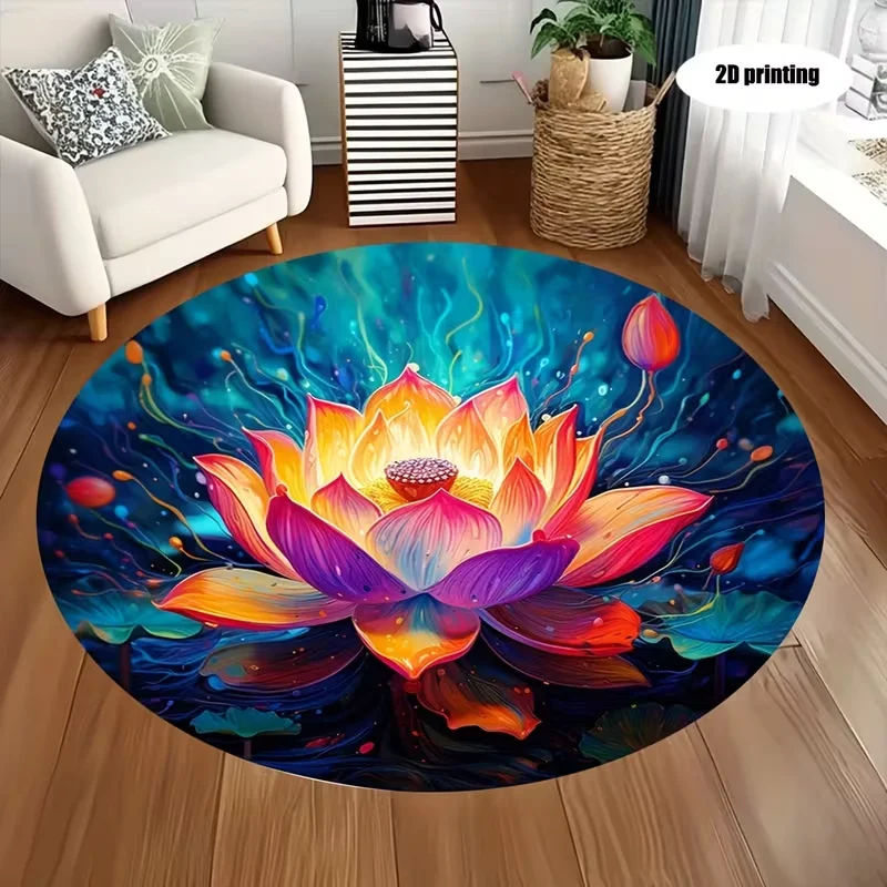 Round Lotus Flower Area Rug Vibrant Floral Print Non Slip Soft Circular Carpet for Living Room Bedroom Yoga Zen Home Decor