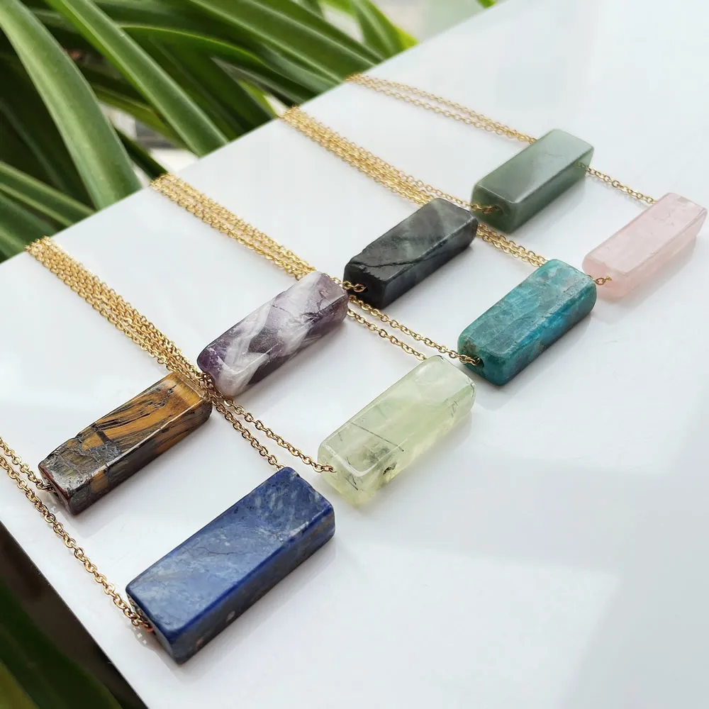 Collar minimalista de piedra de cristal Natural, colgante cuadrado rectangular, péndulo, amatista de cianita azul, gargantilla de cristal rosa