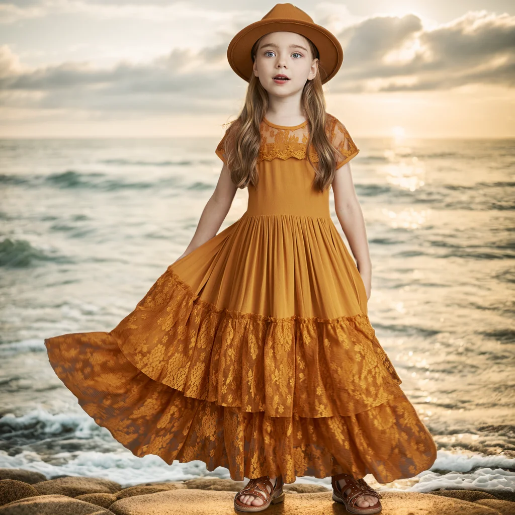 

Summer New Hollow Out Children's Beach Dress Short Sleeve Lace Mesh Long Wedding Flower Girl Dress for 5-14 Years Girl