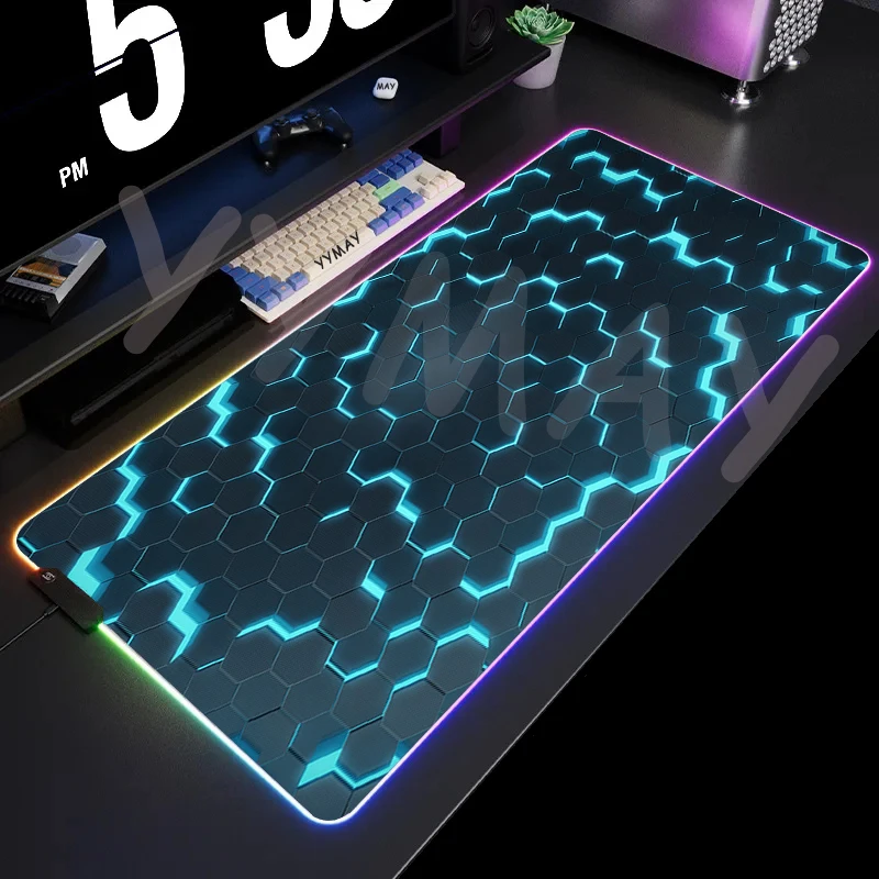 Imagem -03 - Grande Rgb Gaming Mouse Pad Geométrico Xxl Mousepad Led Gamer Mousepad Tapetes de Mesa Luminosos Almofadas de Mesa com Retroiluminação