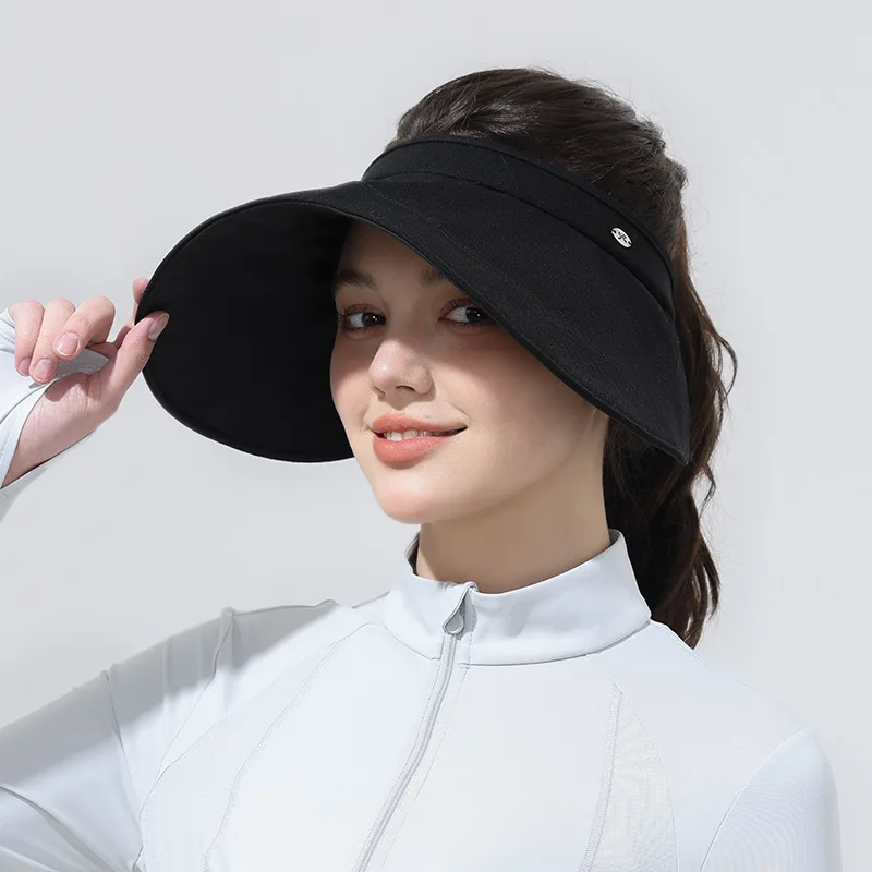 Women Curly Wide Brim Visor Hat With Black Coating UV Protection Ponytail Friendly Portable Sun Hat For Summer Outdoor