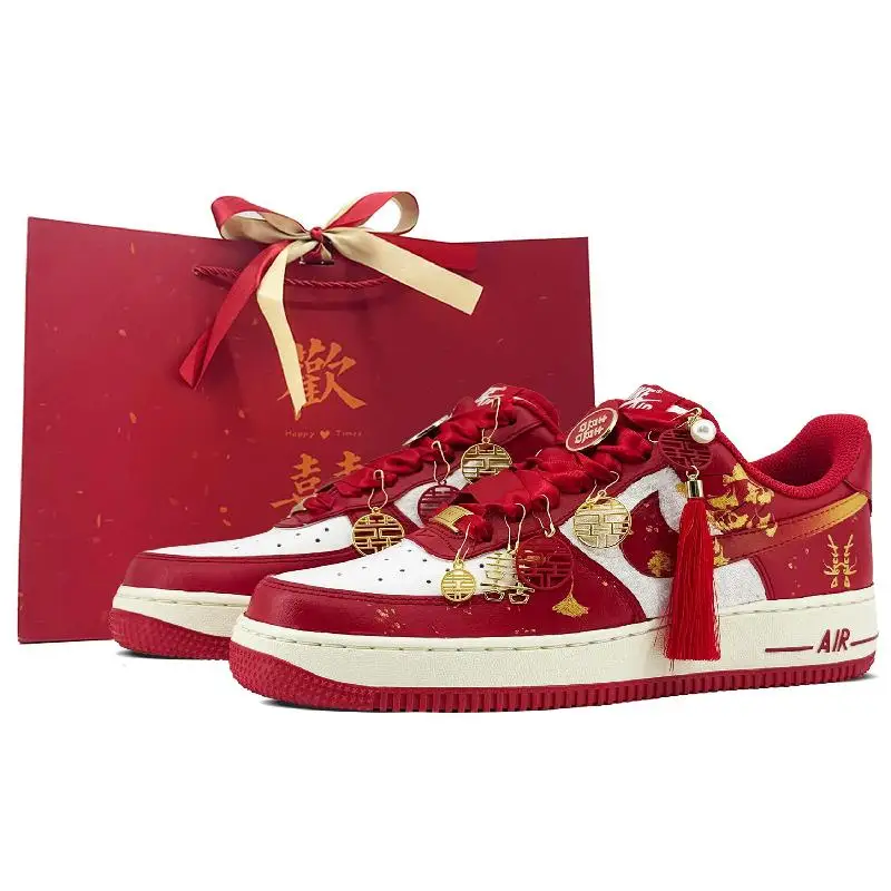 【Customize】Nike Air Force 1 Skateboarding Shoes Unisex Low-top Red/white/gold Sneakers shoes FN7439-133