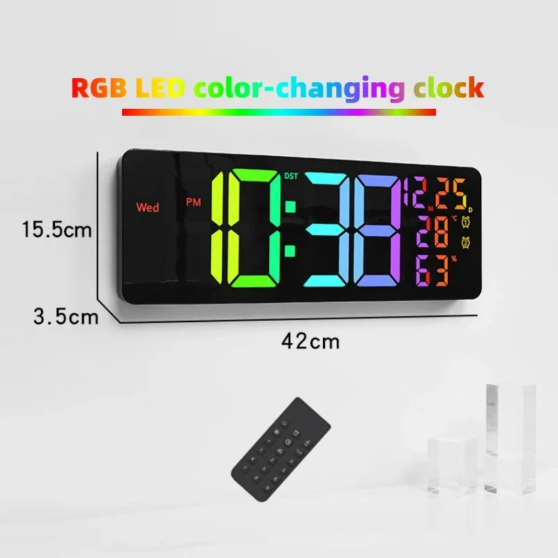 

Large Digital Display 16.5" Led Wall Alarm Clock with DST/RGB Color Changing/Remote Control/Thermometer Timer Date Week Display