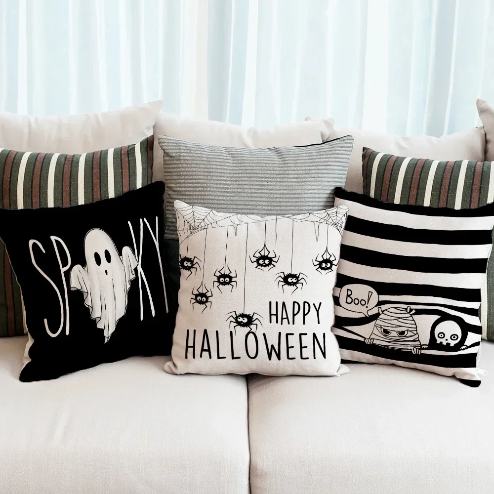 Halloween Ghost Throw Pillowcase Black Ghost Cat Spider Skull Cute Sofa Cushion Cover Fun Halloween Party Home Decor