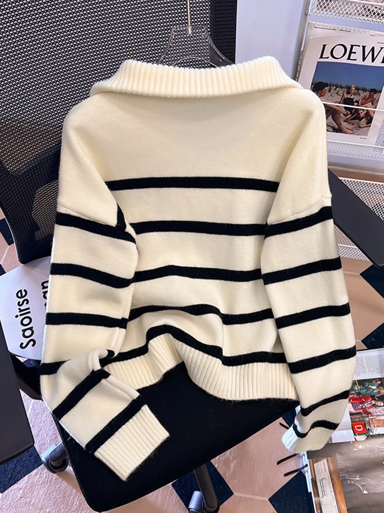 Women Striped Turtleneck Zipper Sweater Mujer Long Sleeve Tops Knitwear Korean Fashion Pullovers Loose Female Sweaters