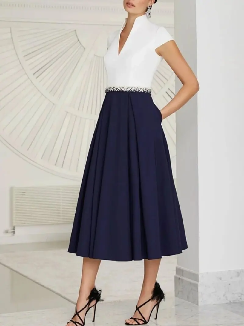 

2026 Classic A-Line Mother of the Bride Dress Vintage V Neck Tea Length Satin Beads Sahs Guest Groom Party Gown Vestidos