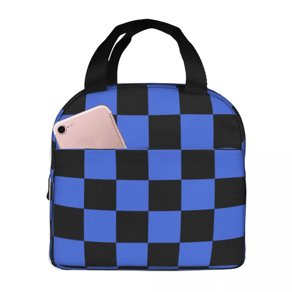 Black And Royal Blue Checkerboard Plaid Insulated Lunch Bag for Camping Travel Leakproof Cooler Thermal Bento Box