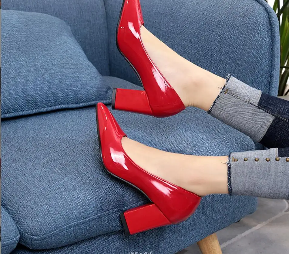 New Fashion Red Women High Heels Shoes Patent leather Pointed Shallow Mouth Shoes Women Thick-heeled Fashion Shoes Large size