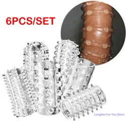 6pcs Vaginal Massager Finger Sleeve Cock Rings Sex Toys For Women Men Spike Dotted Enlarge Condoms Stimulation Erotic Products