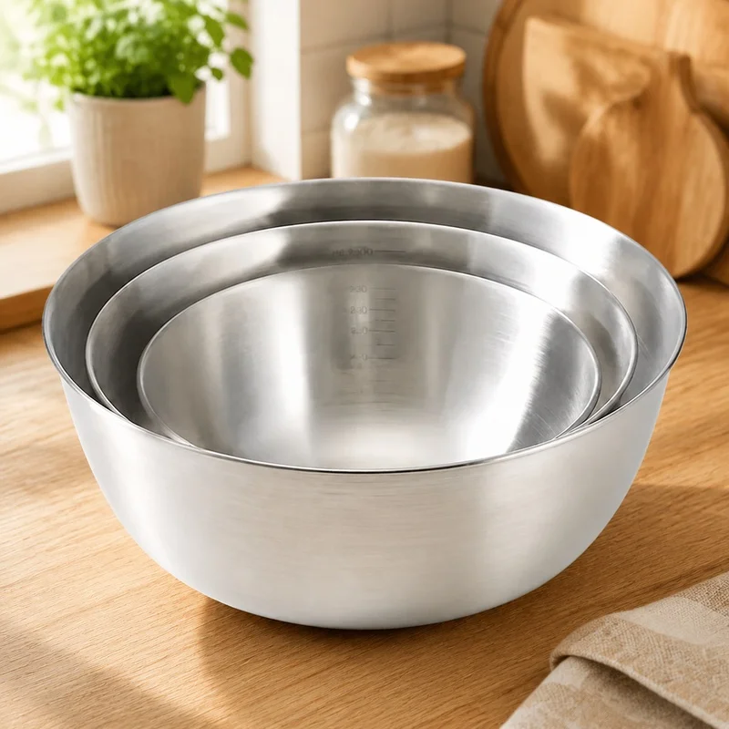 Stainless Steel Kitchen Mixing Bowl with Integrated Scale and High Volume Capacity