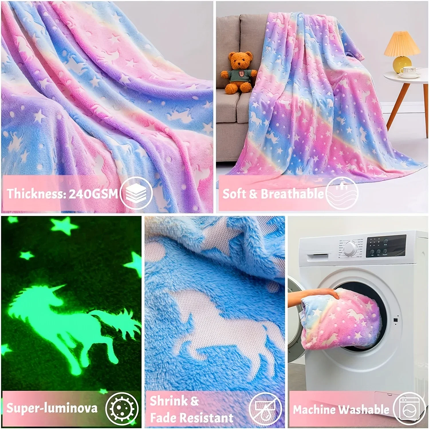 Glow In The Dark Blanket Rainbow Unicorn Cozy Soft Flannel Blanket For Sofa Bed Car Bedding Blanket For Boys Girls Kids Toddlers