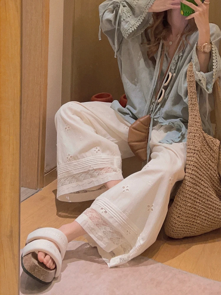 

Yukiss Lace Hollow Embroidery High Waist Wide Leg Straight Cut Pants Women Summer Korean Loose Casual Pants Commute Sle