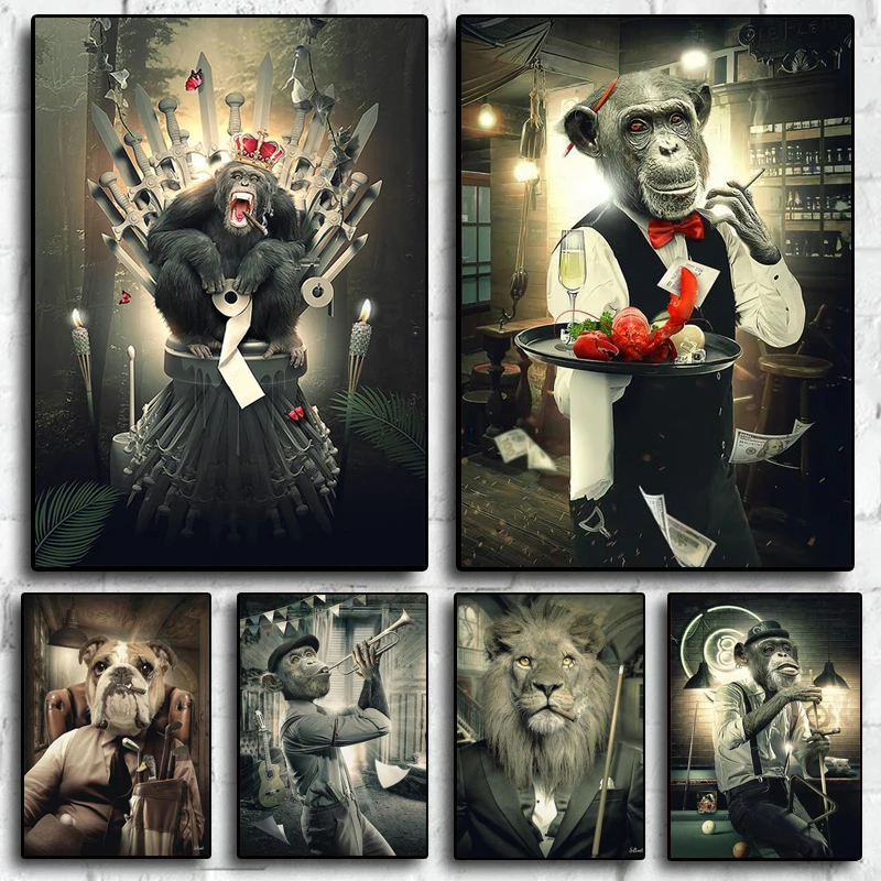 

Abstract Animal Wall Art Posters Graffiti Art Smoking Monkey Playing Cards Billiard Room Bar Canvas Painting Parlor Decoration