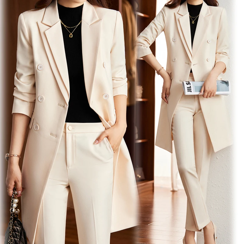 Women\'s Formal Lengthen Blazer Business Suits,Female Winter High End Fabric Office Clothes, Ladies Jacket and Long Pants 2 Pcs