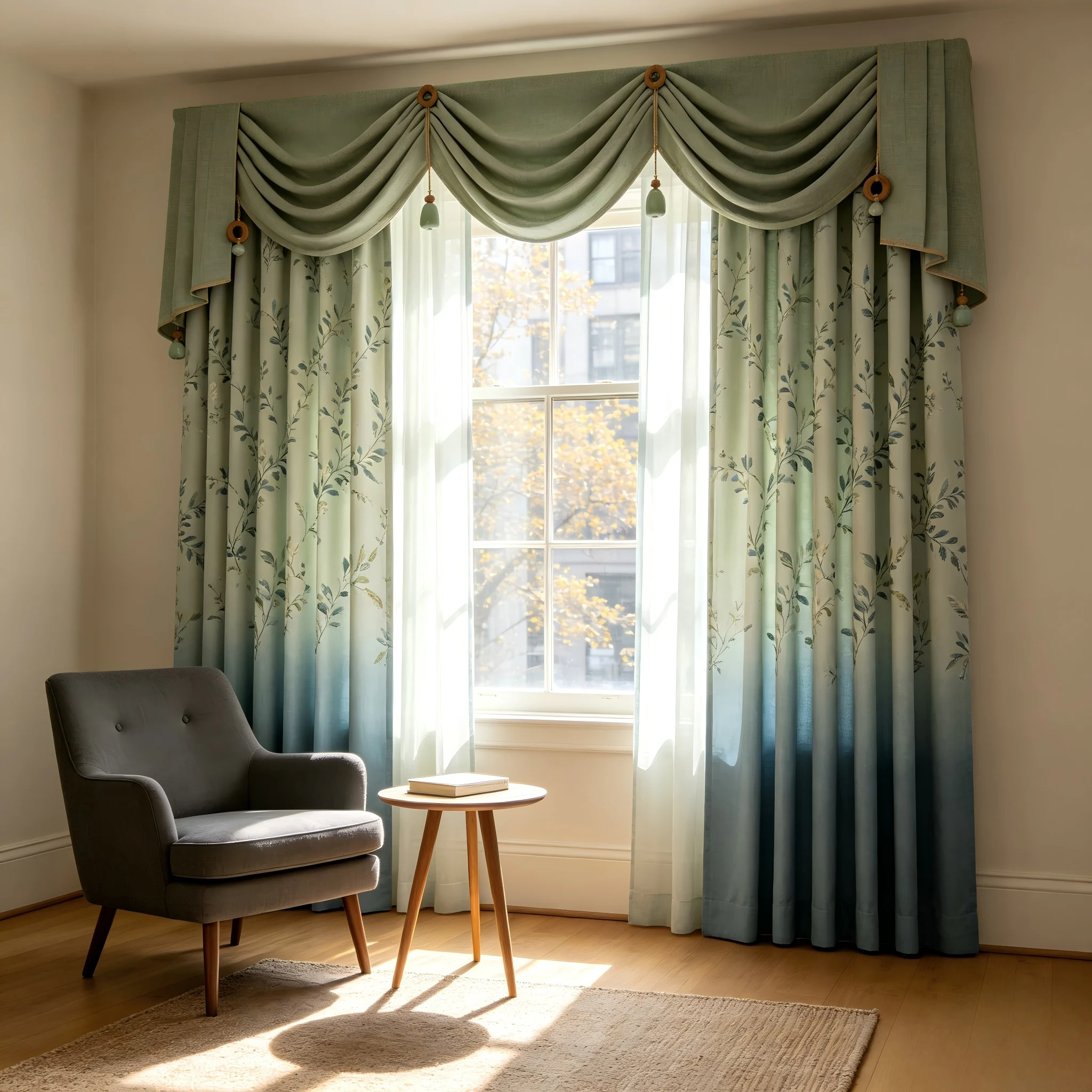 200444  Sage Green Mist Blue Jacquard | Layered Wave Curtain