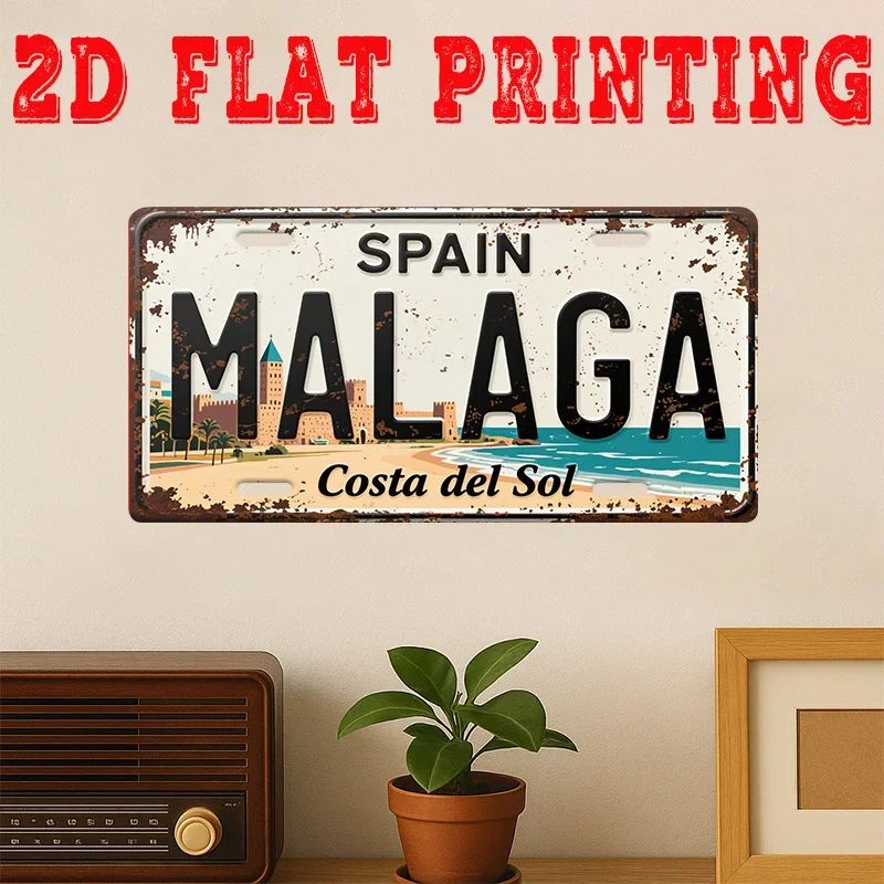 2D Flat, 2D Flat - 2D Printed Sign, 1pc, Vintage Metal Tin Sign, Malaga Sun Coast Sign, Retro Decor, Garage Decoration, Café