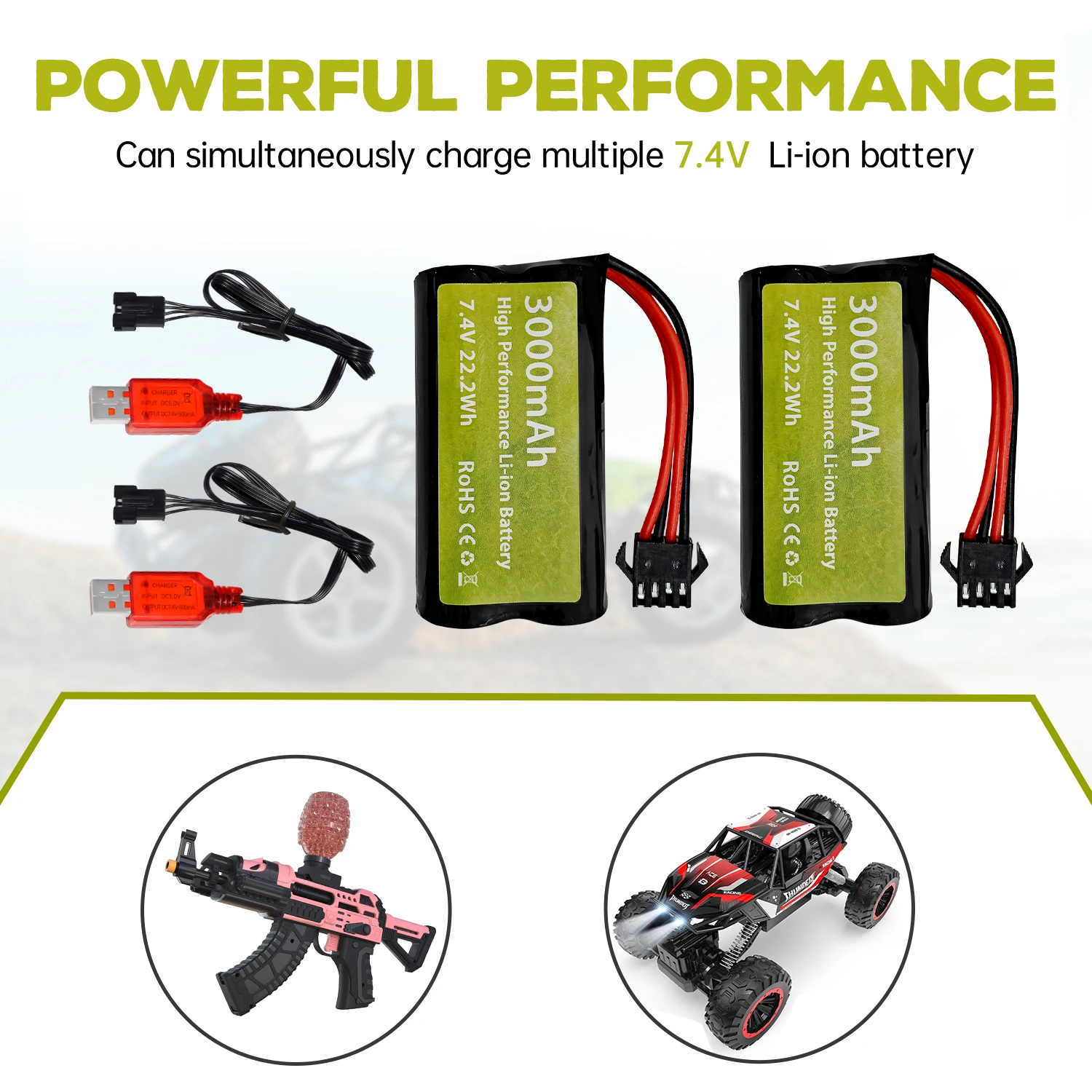 2PCS 7.4V 3000mAh 15C 2S SM-4P Plug Li-ion Battery With USB Charging Cable For EC08 DE85 RC Car, Truck Ship Drone Backup Battery