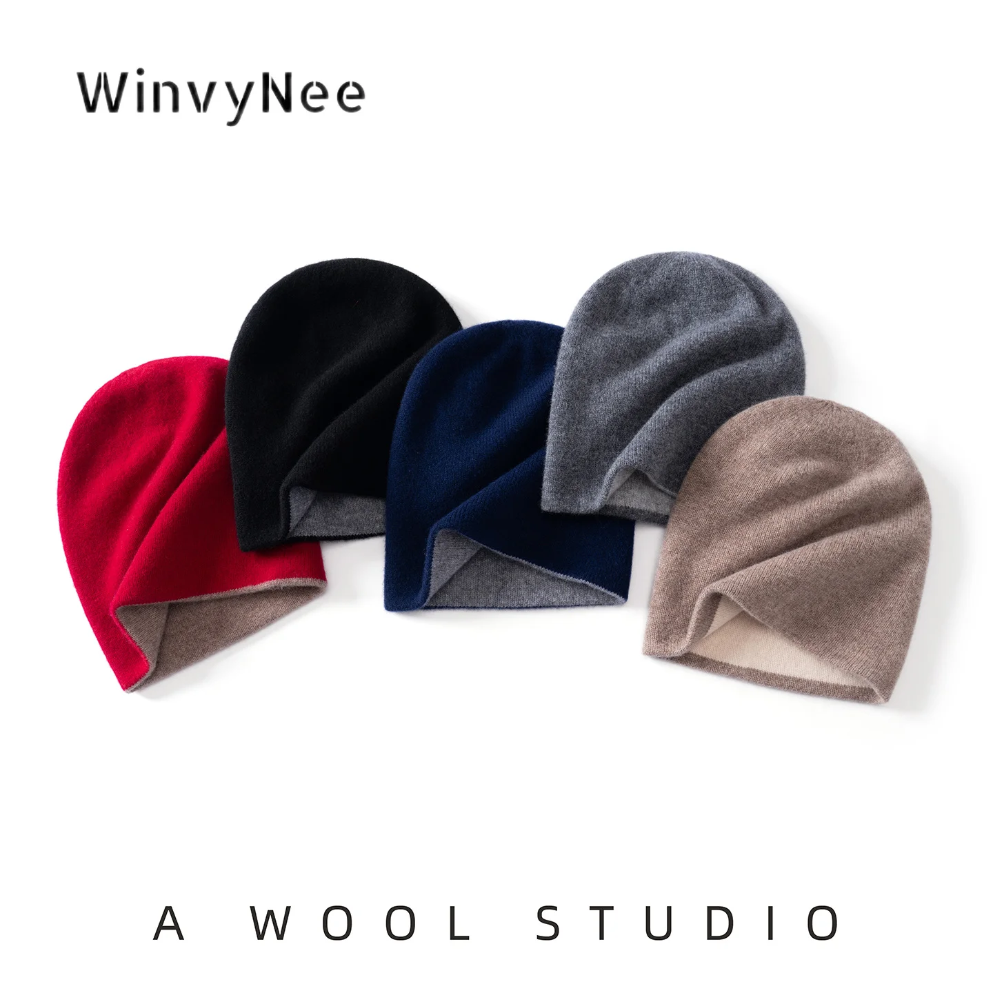 WinvyNee Women Pure Wool Thick Double Layer Two‑Tone Slouch Hat Warm Soft Fashion Knit Hat Elegant Autumn Winter ZI1883048