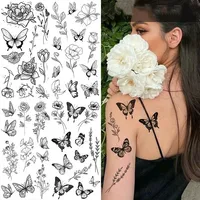 Butterfly Fake Tattoo for Woman Black Flower Tattoo Sketch Tattoo Sticker  Rose Blossom Tattoo Temporary Waterproof