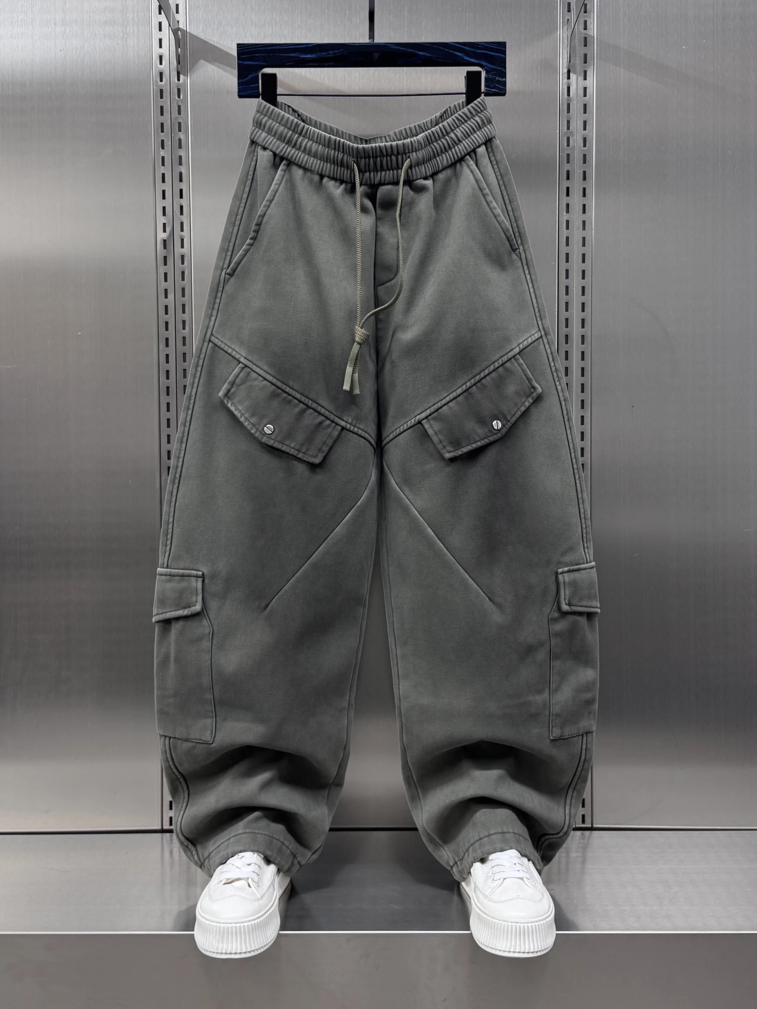 

Trendy Patchwork Fce Lined Thi Straight Work Pants Men Winter New Loose American Cool Knife Pants Casual Trousers