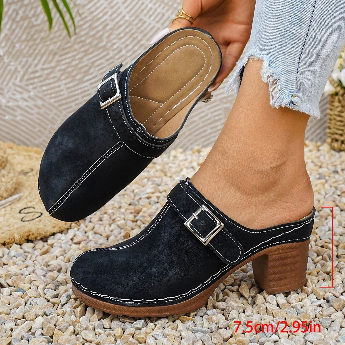 Damen Mules Pantoletten mit hohem Blockabsatz, geschlossene Zehenpartie, zum Hineinschlüpfen, Vintage, Sommer, lässig, bequeme Gehschuhe, Größe 36-43 – Detail 7
