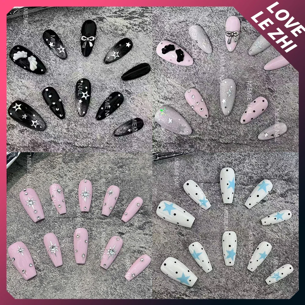 

10Pcs Sweet Cool Handmade Coffin Almond Press On Nails Shining Star Diamond Bowknot Wings Spider Cat Eyes Detachable False Nails