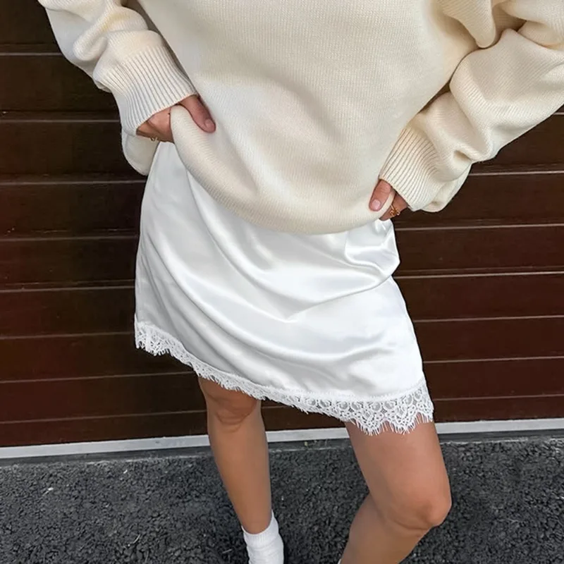 Tuularose blanc dentelle jupe femmes mode dentelle Patchwork nouvelle jupe en Satin été élégant fête Look banlieue Chic femme jupe