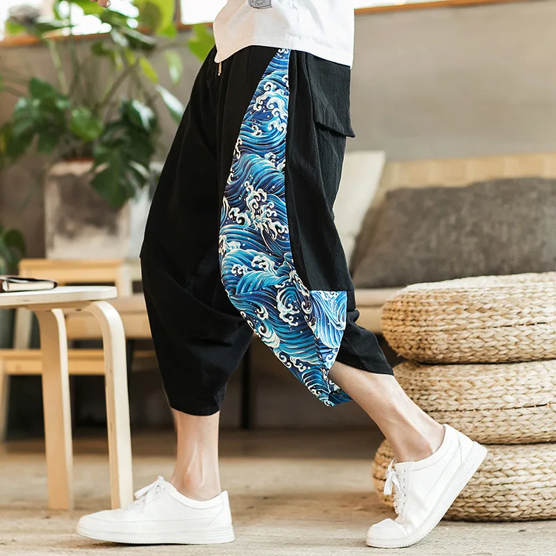 2024 Ethnic Style Harem Pants Mens Jogging Pants Sweatpants Japanese Street Men Pants Work Elephant Stitching Calf-length Pants